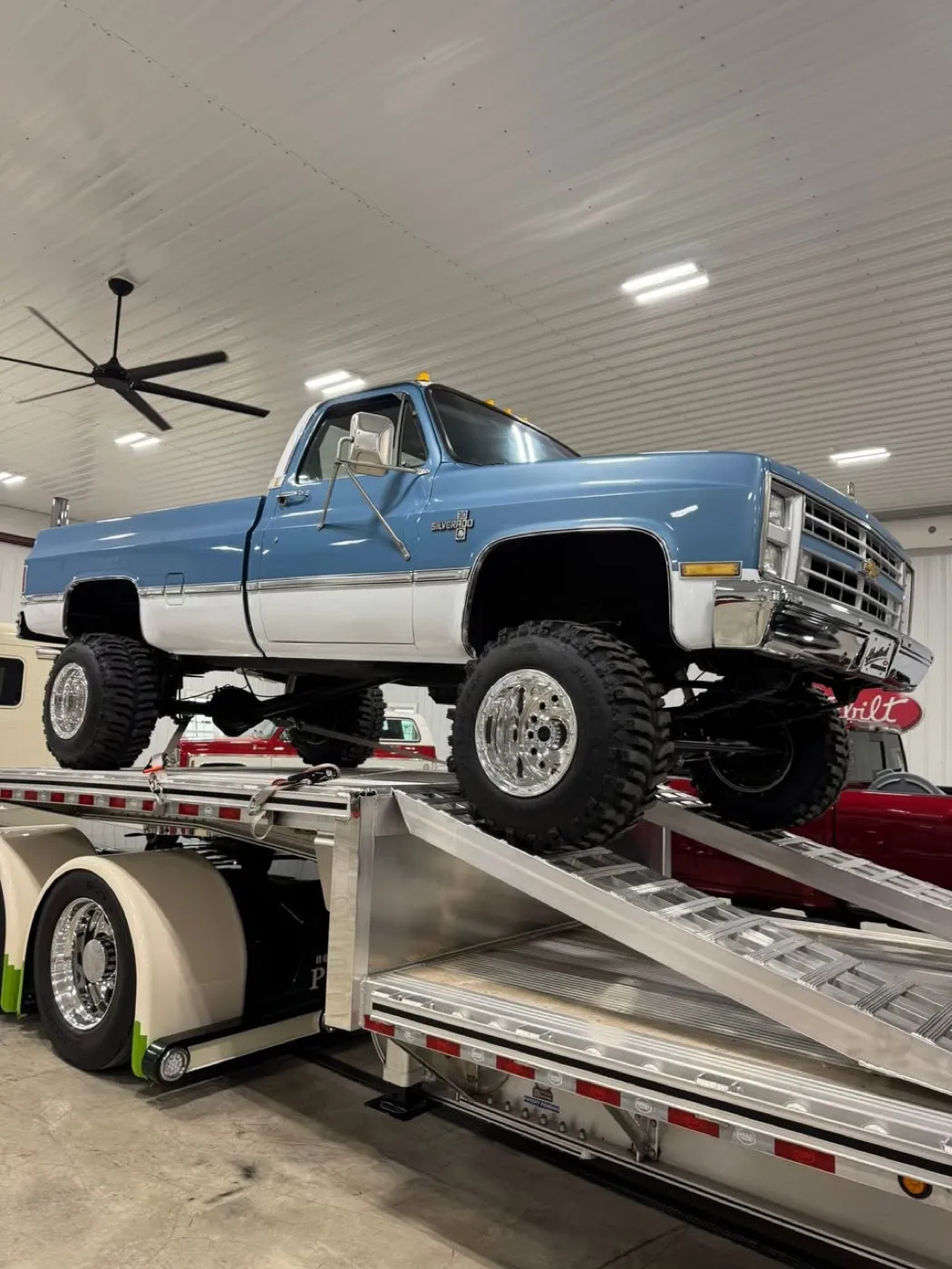 Classic blue lifted pickup truck custom build